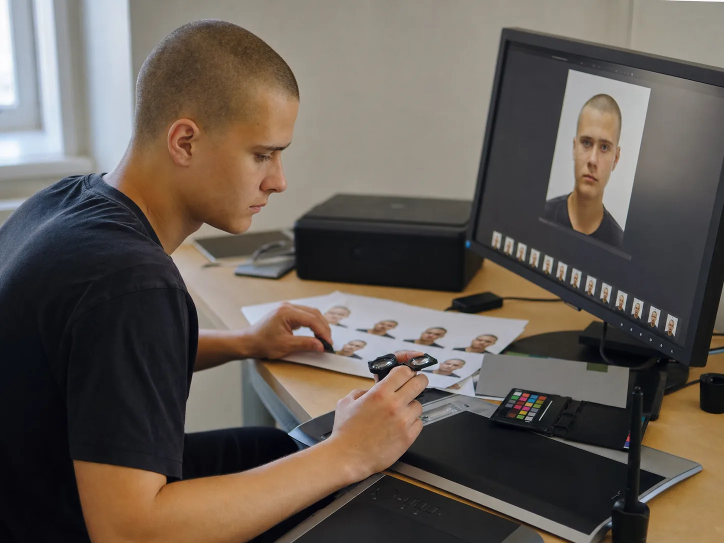 Artem reviewing colour consistency between a monitor and printed contact sheet