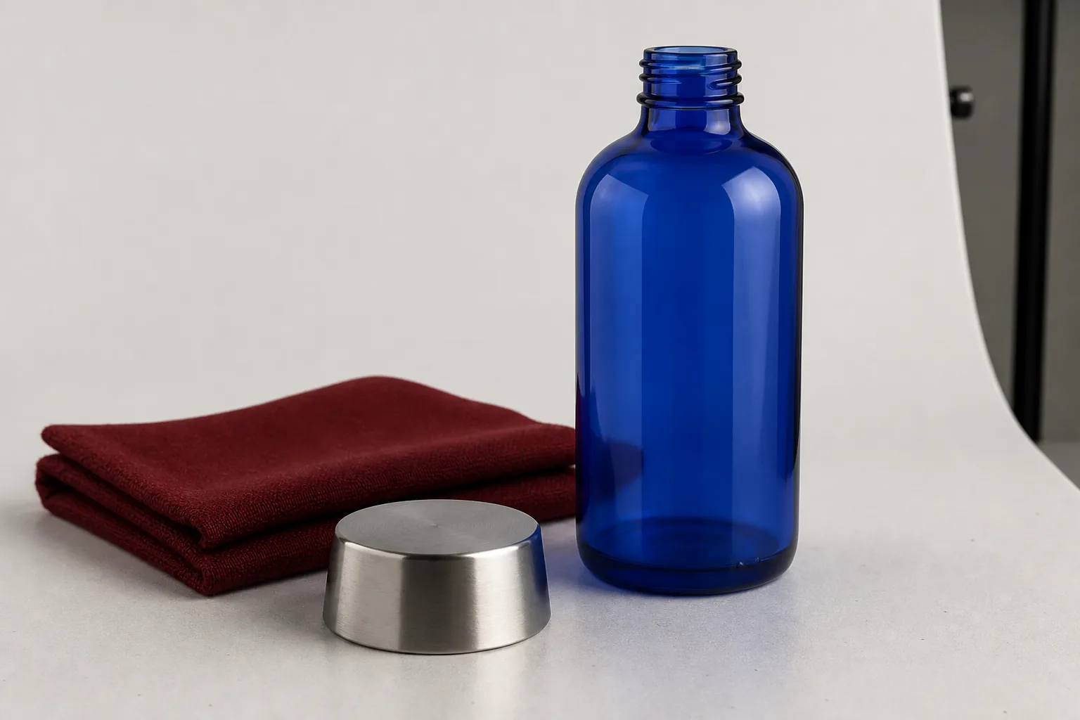 Unbranded glass, metal and fabric still life created as a product-retouching technique study