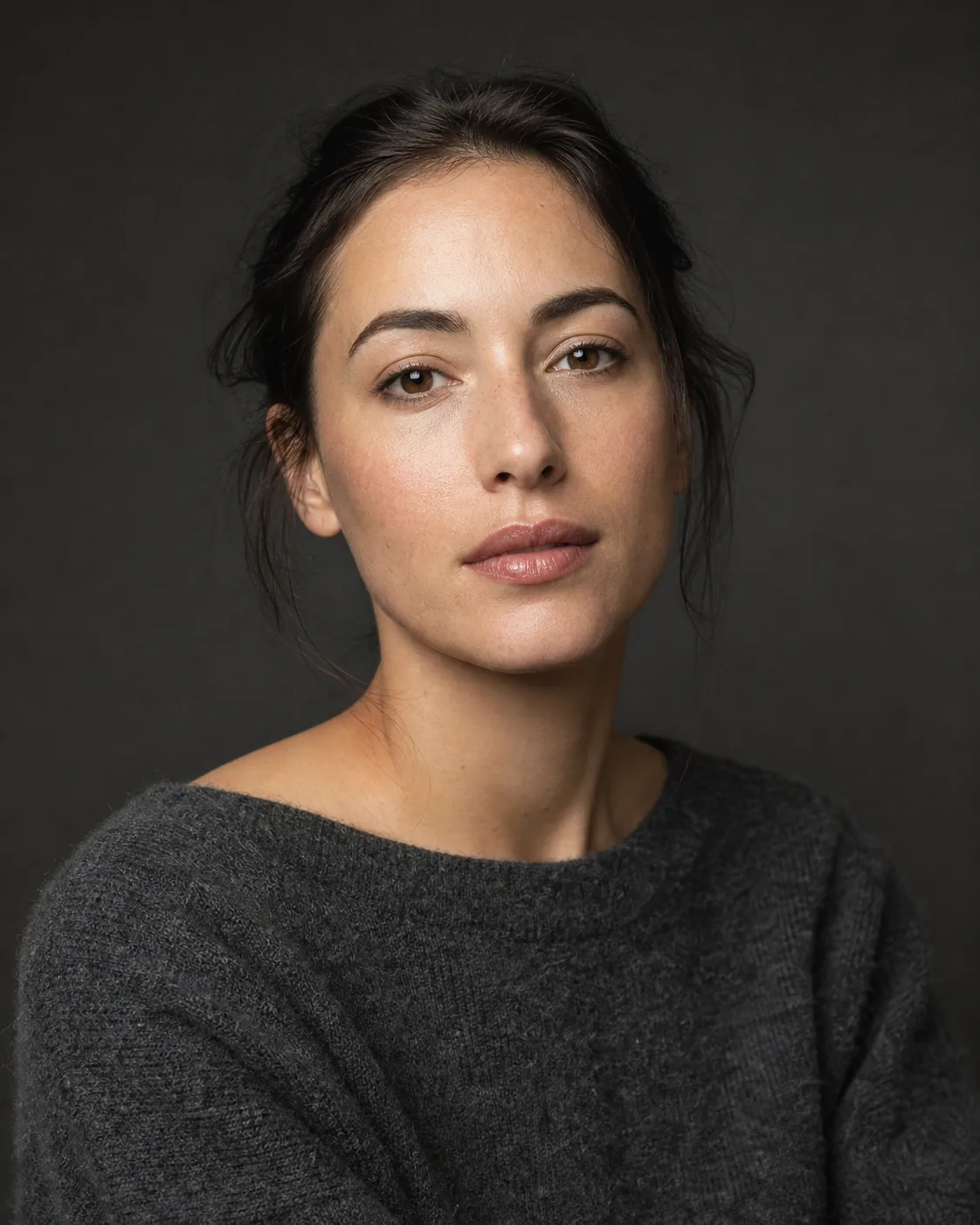 Fictional adult portrait created as a natural skin-retouching technique study